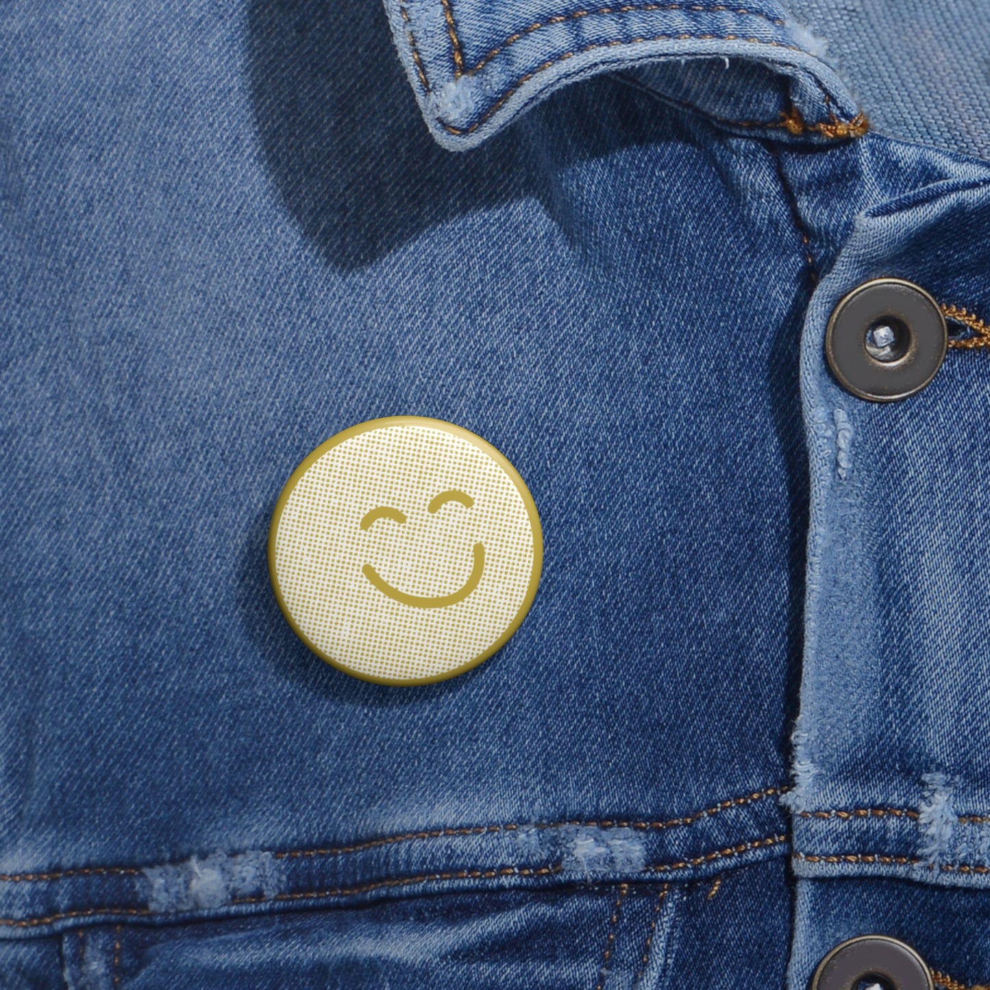 Happy Camper Button — Vintage Yellow Smiley Face Pin
